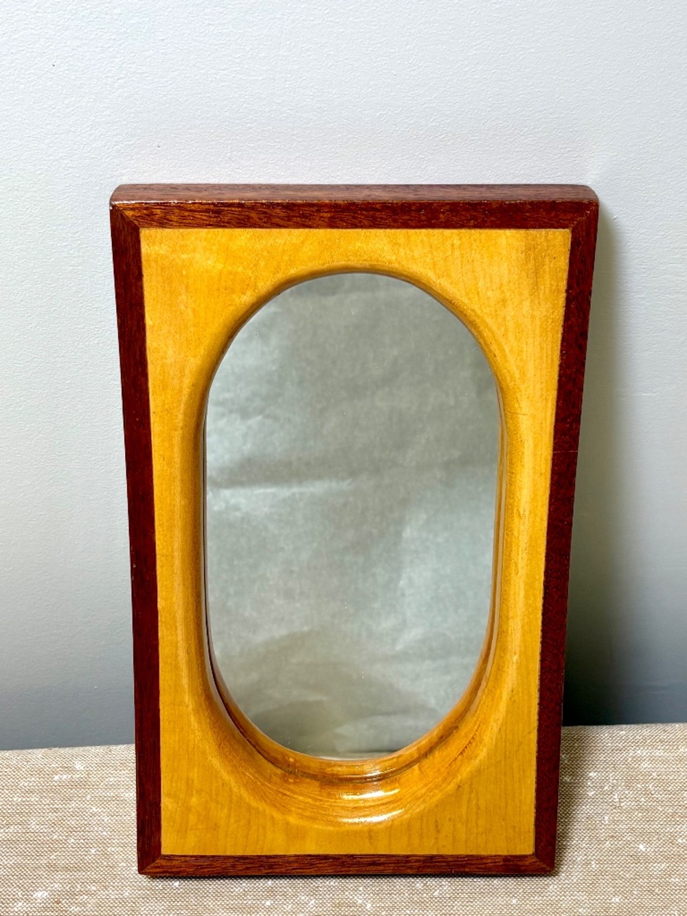 Vintage Midcentury Wood Mirror Oval Square Vanity/Shaving